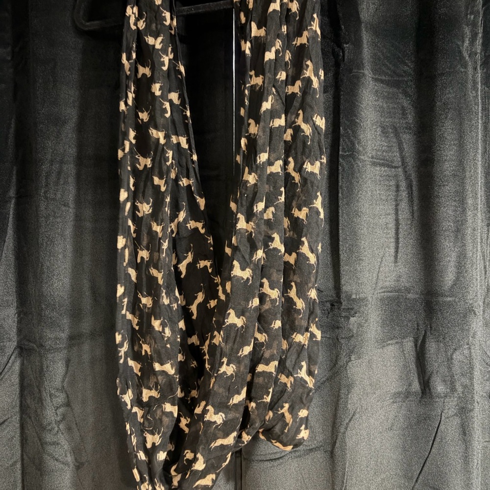 Black Infinity Scarf with Tan Horse Print